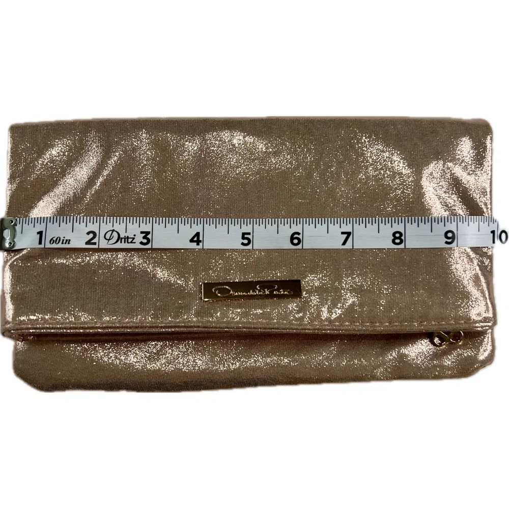 Oscar de la Renta Clutch Foldover Zipper Cocktail Purse Luxe Metallic Rose Gold